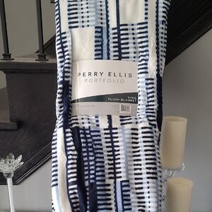 Perry Ellis King Size Navy and White Striped Plush Throw Blanket